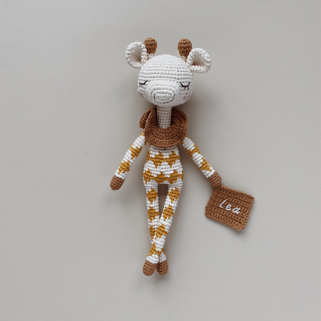 Patti Oslo Personalised Personalised Goldie Giraffe | ochre overall Organic Soft Toys