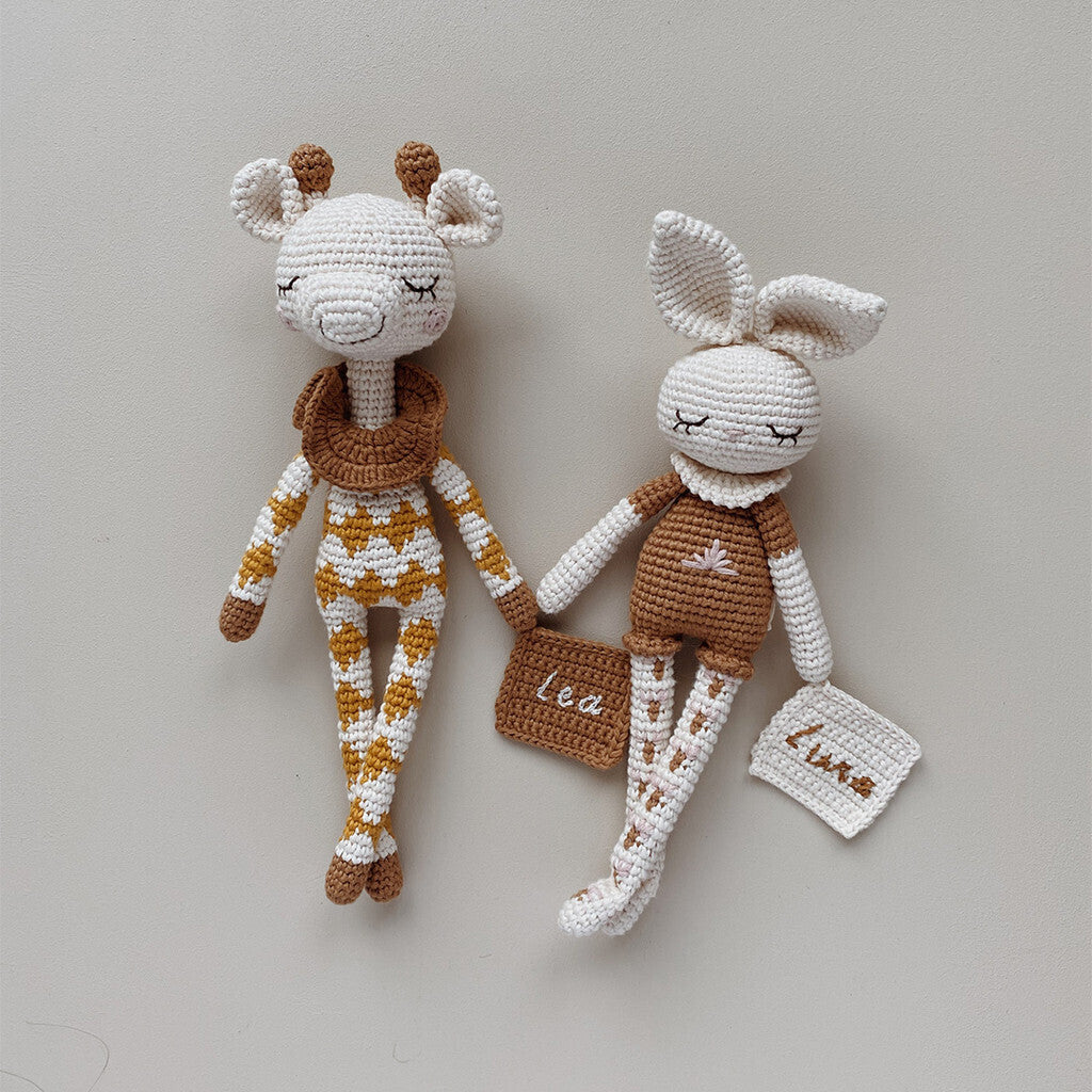 Patti Oslo Personalised Personalised Goldie Giraffe | ochre overall Organic Soft Toys