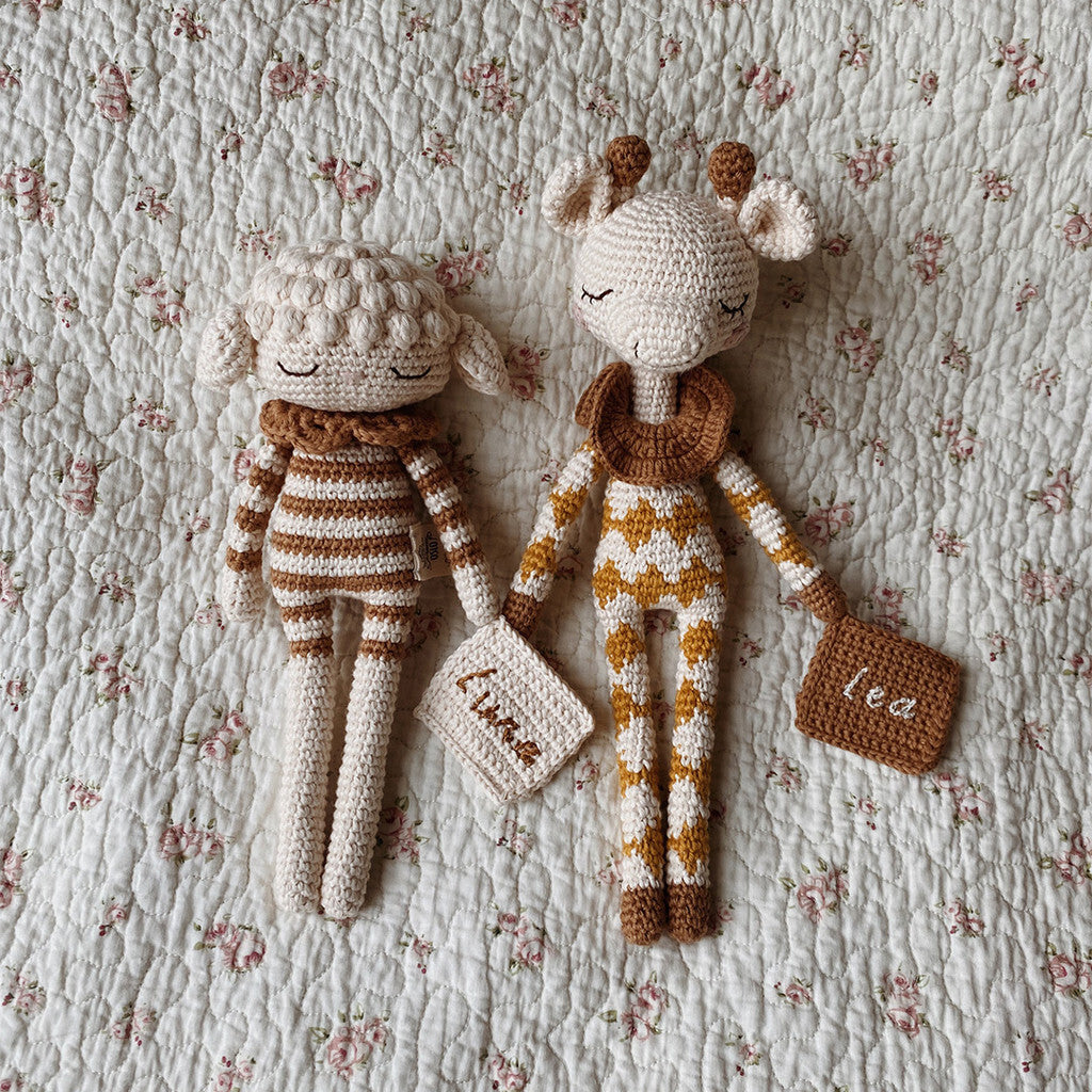 Patti Oslo Personalised Personalised Goldie Giraffe | ochre overall Organic Soft Toys