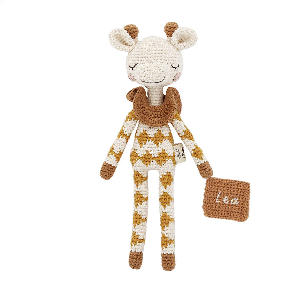 Patti Oslo Personalised Personalised Goldie Giraffe | ochre overall Organic Soft Toys