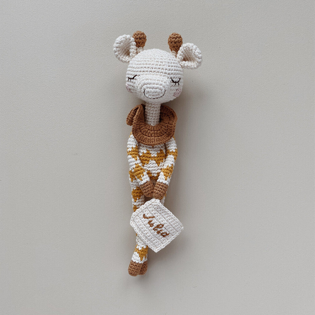 Patti Oslo Personalised Personalised Goldie Giraffe | ochre overall Organic Soft Toys