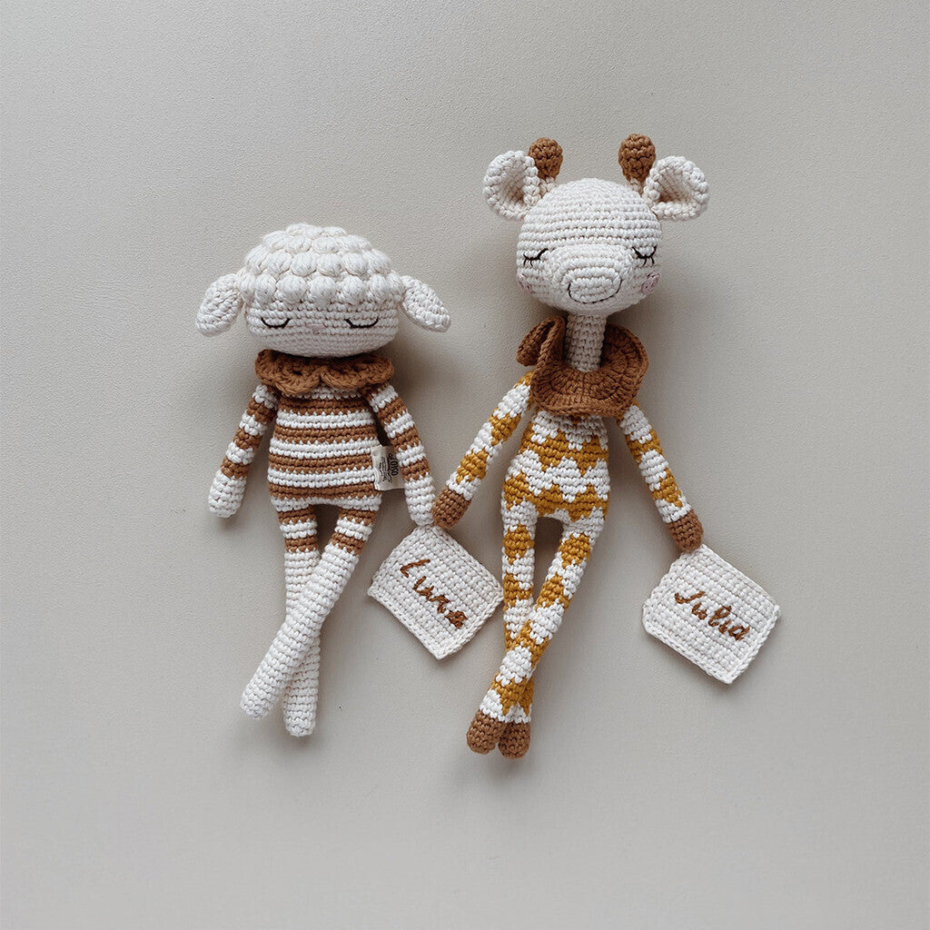 Patti Oslo Personalised Personalised Goldie Giraffe | ochre overall Organic Soft Toys