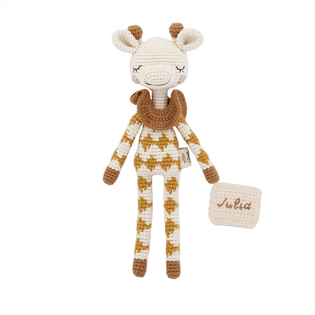 Patti Oslo Personalised Personalised Goldie Giraffe | ochre overall Organic Soft Toys